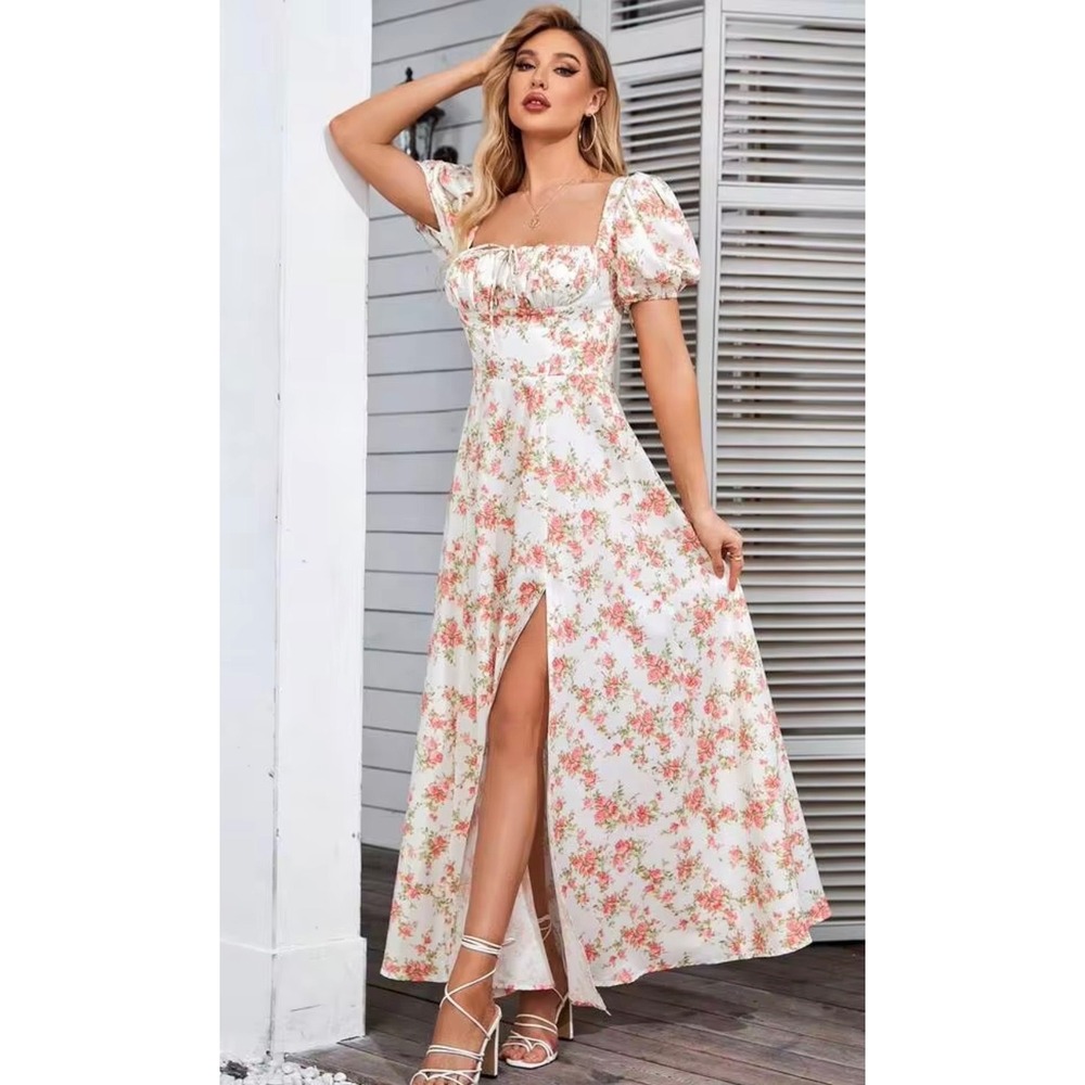 Parthea Floral Puff Sleeve Maxi Dress White Pink Rose Cottagecore Large